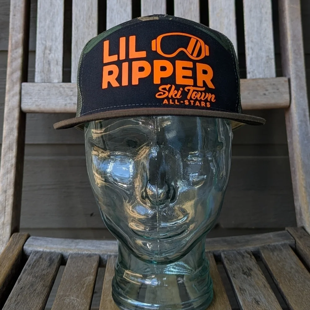 NWOT Ski Town All-Stars Lil Ripper Trucker Hat Camo Flame Orange